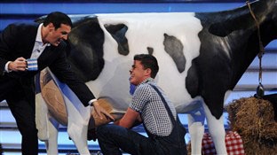 Paddy McGuinness & Take Me Out Model Milking Cow