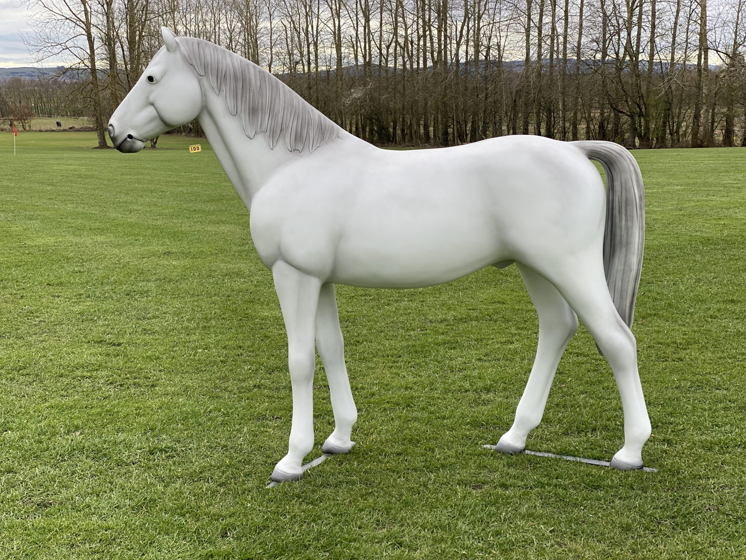 Grey life‑size fibreglass riding pony model standing in a natural pose.