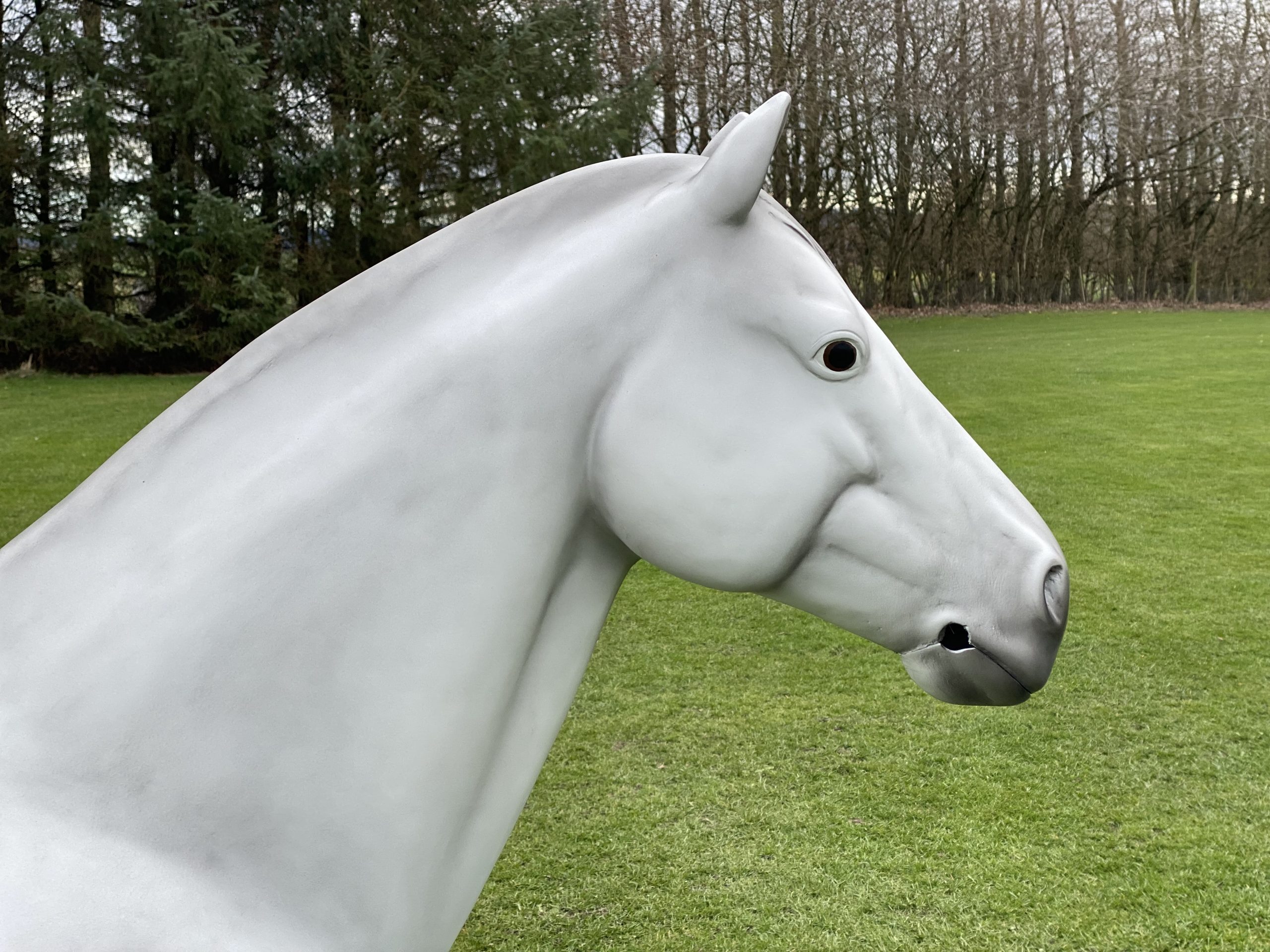 Grey life‑size fibreglass riding pony model standing in a natural pose.